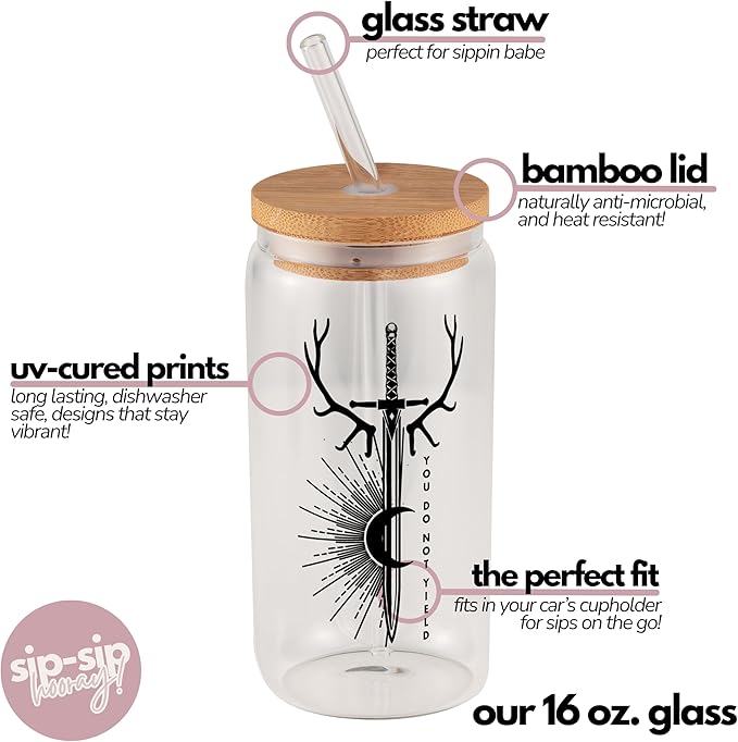 Sip-Sip Hooray! Throne of Glass 16oz Glass Tumbler with Bamboo Lid and Straw, Bookish Coffee Cup for Fantasy Readers, Sarah J Maas Fan Gift, Book Lover Mug, ACOTAR Night Court Inspired Drinkware