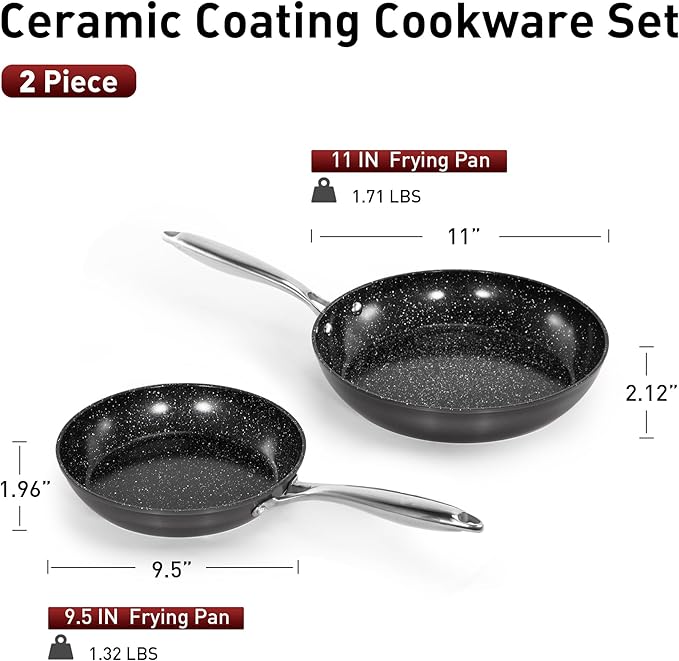 MAISON ARTS Hard Anodized Nonstick Frying Pans Set 2 Piece, 9.5" and 11" Ceramic Coating Skillets
