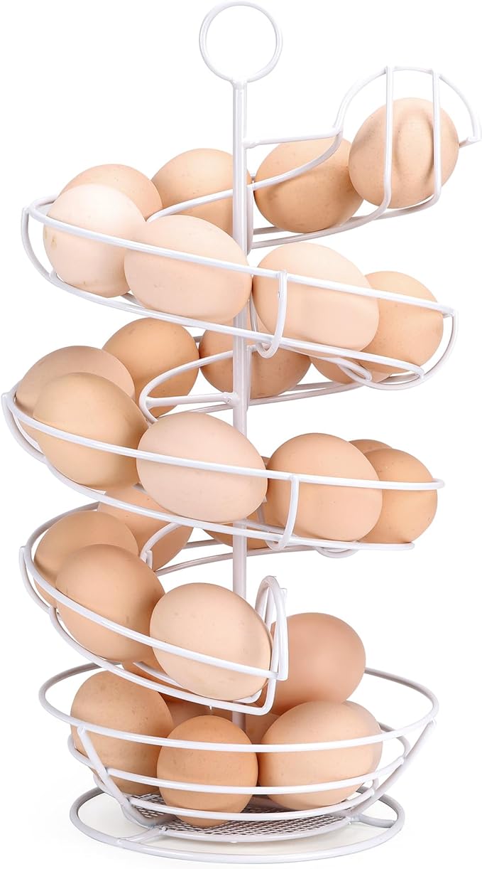 White Spiral Egg Holder Countertop, Metal Egg Skelter, Egg Dispenser Rack with Storage Basket for Countertop, Kitchen