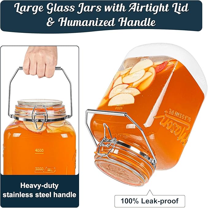2 Pack 1.5 Gallon Glass Jar With Airtight Lid, Square Large Mason Jars Wide Mouth with Scale Marks and Stainless Steel Handle-192 Oz Non-slip Glass Storage Containers for Flour Sugar Cookie