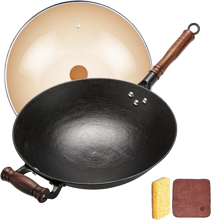 WANGYUANJI 12.6" Cast Iron Wok - Traditional Round Bottom (Requires Wok Ring for Stability) - Uncoated Clay Mold Turtle Texture (Not Cracks) - Authentic Chinese Stir Fry Pan for Gas Stoves