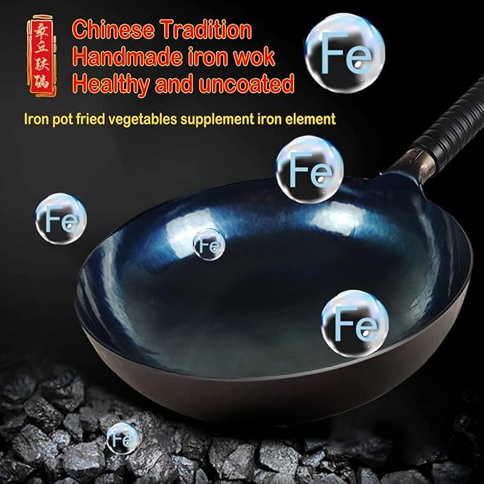 13 Inch Chinese Hand Hammered Iron Wok and Stir Fry Pans with Lid Round Bottom Wok Pan Non-stick No Coating Ideal for Home Use and Gift Giving