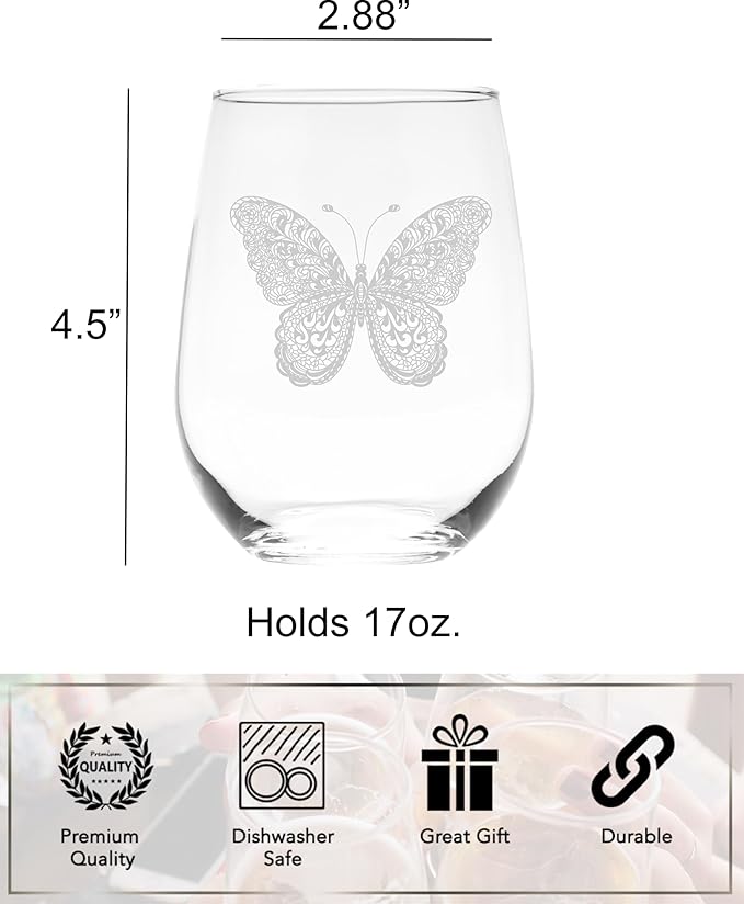 C M Butterfly Stemless Wine Glass, 17 oz - 1 Piece - Butterfly Themed Gift for Men and Women (Style B2)