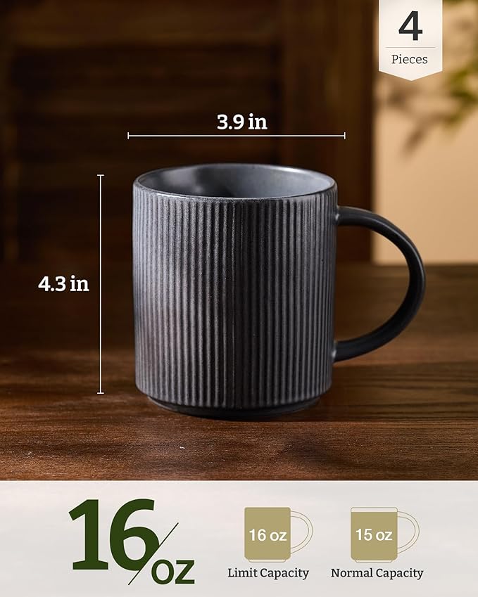 famiware Coffee Mug Set for 4, Star 16 oz Catering Mugs Cup Set with Handle for Coffee, Tea, Cocoa, Milk - Ceramic Stoneware Drinkware Set, Matte Dark Charcoal