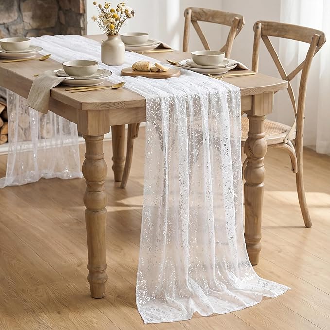 Artoid Mode White Silver Gauze Table Runner 59x120 Inch 10FT, Glitter Metallic Foil Sheer Dining Holiday Wedding Anniversary Birthday Table Decor for Home Party