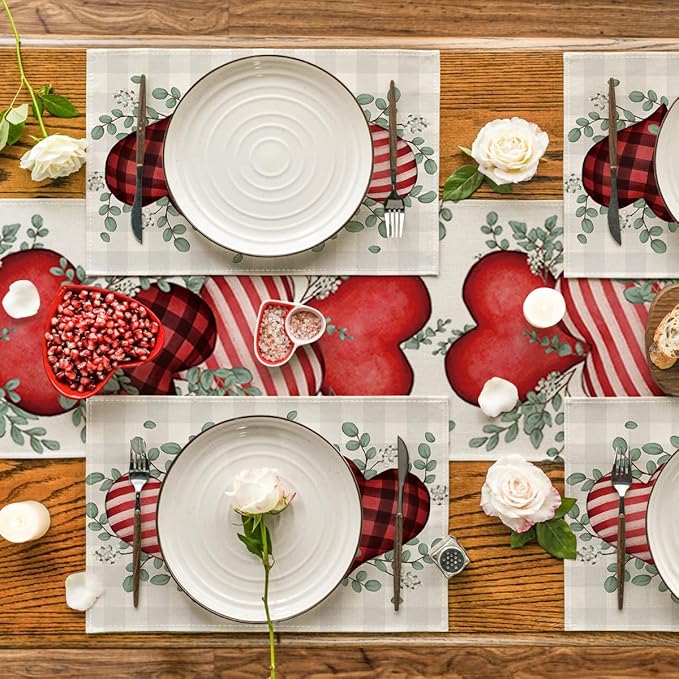 Artoid Mode Buffalo Plaid Eucalyptus Hearts Valentine Placemats Set of 2, 12x18 Inch Anniversary Wedding Table Mats for Party Kitchen Dining