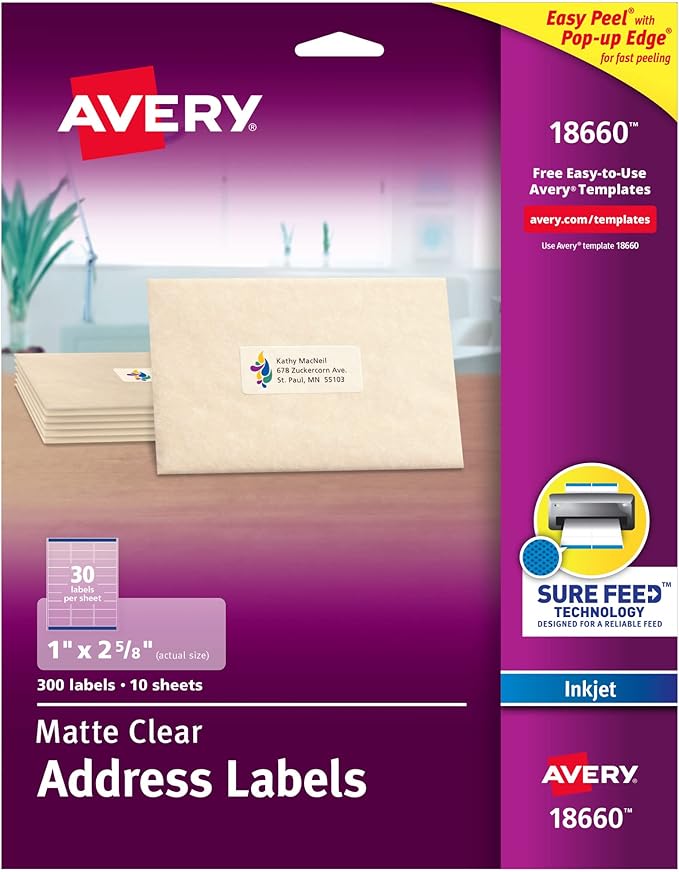Avery Printable Address Labels with Sure Feed, 1" x 2-5/8", Matte Clear, 300 Blank Mailing Labels (18660)