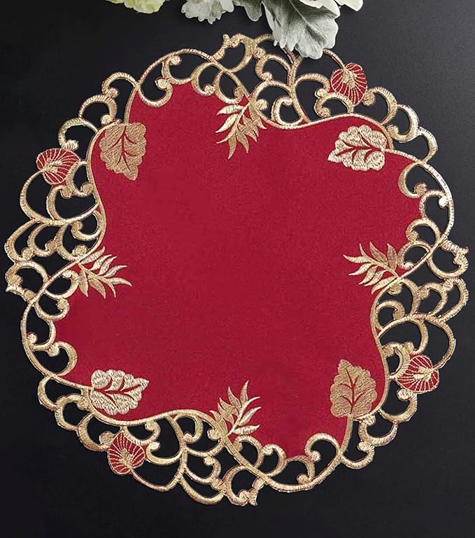 Decozen Set of 4 Doilies for Table, Lace Doilies Rustic Farmhouse Kitchen Dining Table Centerpiece Decor, 15 Inch Gold Burgundy Round Placemats for Home, Valentines Day Gifts, Valentines placemats