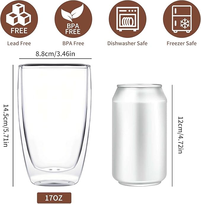 MESNEY 17oz Double Walled Glass Coffee Mugs, Glass Coffee Mugs Set of 6, Insulated Clear Cappuccino Latte Mugs for Home, Cafe & Restaurant, Durable Stackable Drinking Glasses