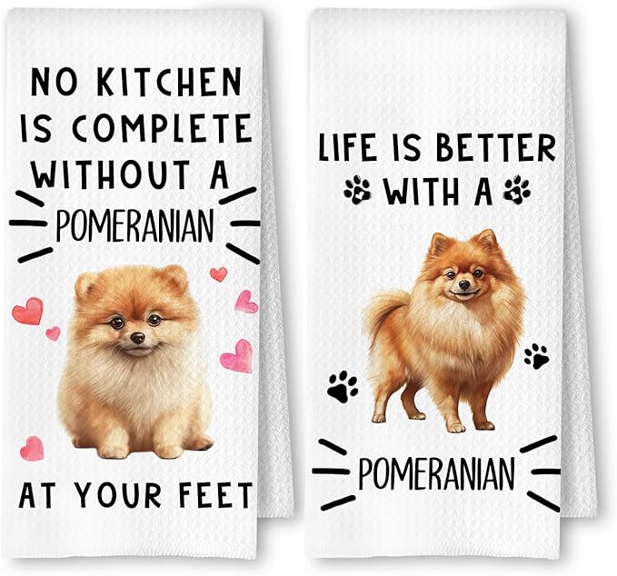 Pomeranian Dog Kitchen Towels, Pomeranian Gifts Dish Tea Towels for Kitchen Decor, Dog Lovers Mom Dad Gifts Decorative Hand Towel, 16x24 Inches Set of 2