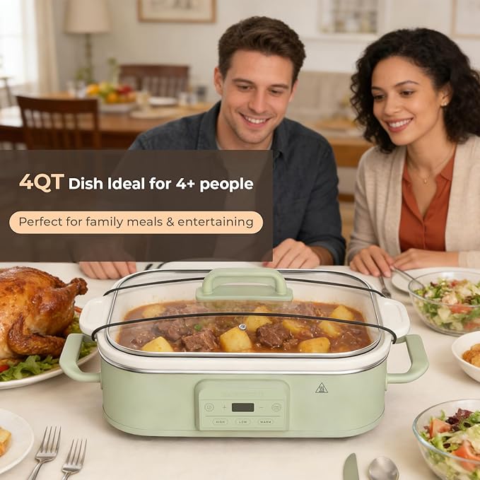 4 Quart Casserole Programmable Slow Cooker with Ceramic Baking Dish - Perfect Kitchen Small Appliance for Family Dinners, Oven Safe and Durable Bakeware for Lasagna, Roasts (Sage)
