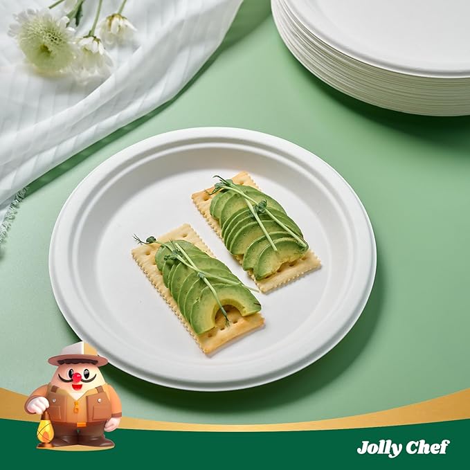 JOLLY CHEF Compostable Heavy Duty Plates 𝟭𝟬 𝗜𝗻𝗰𝗵 [𝟯𝟬𝟬 𝗣𝗮𝗰𝗸] Eco-Friendly Disposable White Uncoated Paper Plates Bagasse Sugarcane Biodegradable for Hot Cold Food Party Dinner Weddings