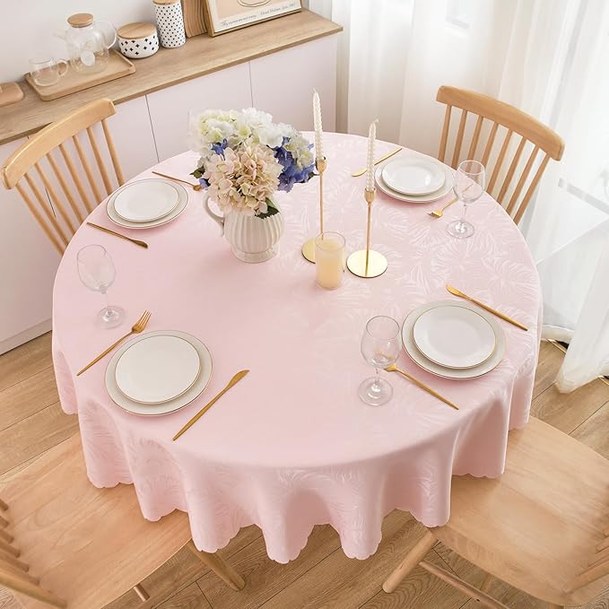 Round Tablecloth Valentines Day Pink Jacquard Table Cloths Waterproof Washable Wrinkle Free Leaves Soft Fabric 50 Inch Table Cover for Kitchen Dining Birthday Party Banquet Decoration