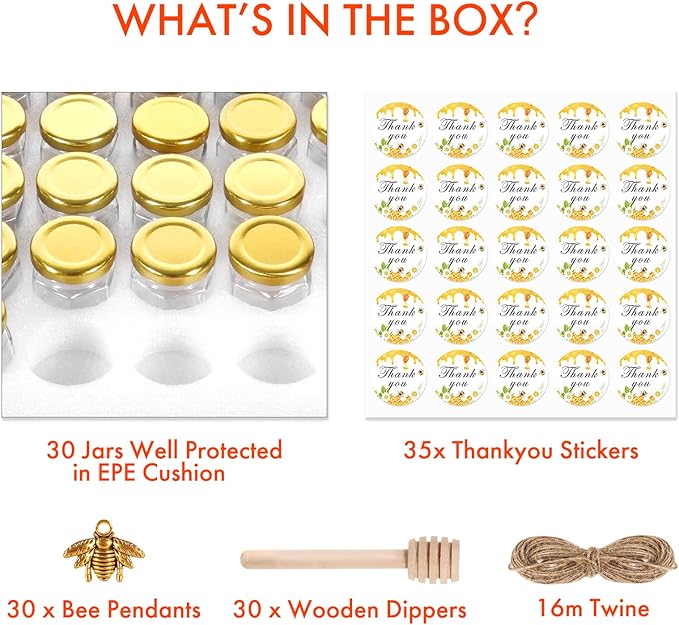 AuroTrends 3oz Mini Honey Jars with Dipper 30Pack, Empty Glass Jars for Baby Shower Favors/Wedding Favors for Guests- Mini Jar with Wooden Dippers