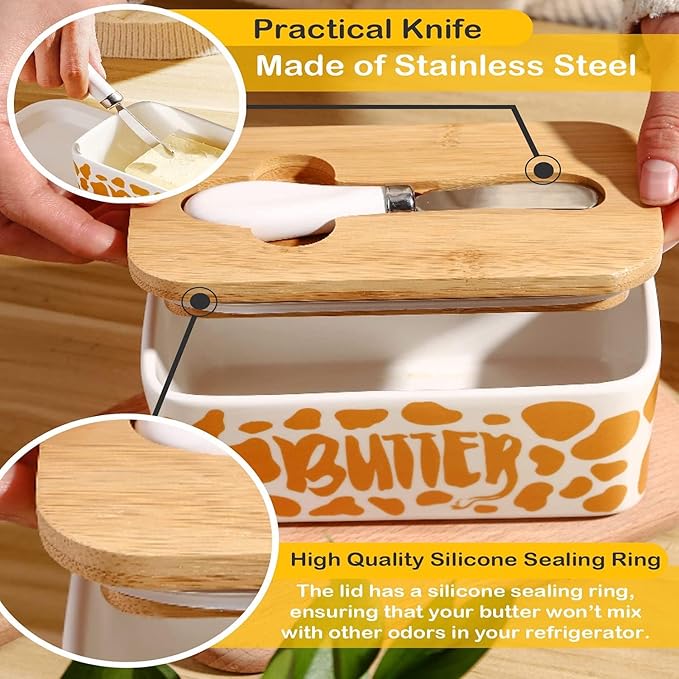Cow Butter Holders, Cceramic Butter Dish with Lid, Large Butter Dish with Lid for Countertop, Silicone Sealing, Good Kitchen Gift, White (Gold with Knif)