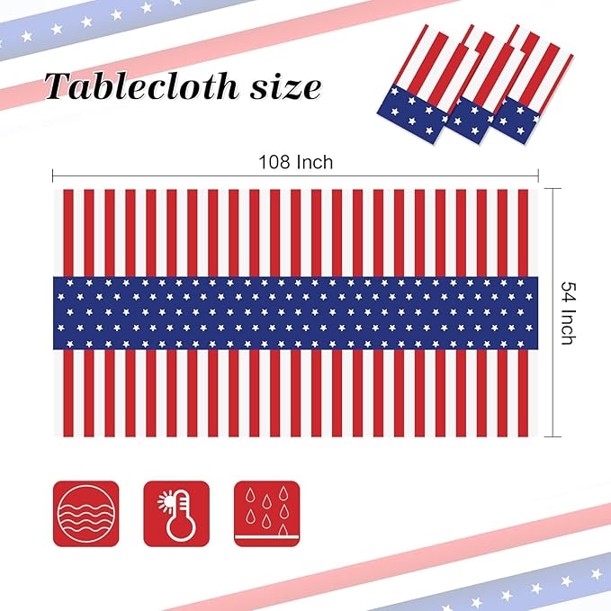 Childom 2 Pack Patriotic Tablecloths,Patriotic Decorations 54" x 108" Disposable American Flag Tablecloths for Event Accessories,Plastic Table Cloth for Veterans,July 4th,Picnic,Dinner,Party Supplies