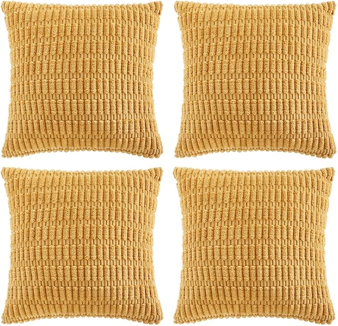 Fancy Homi 4 Packs Mustard Yellow Decorative Throw Pillow Covers 26x26 Inch for Living Room Couch Bed Sofa, Rustic Farmhouse Boho Home Decor, Soft Plush Striped Corduroy Square Cushion Case 66x66 cm