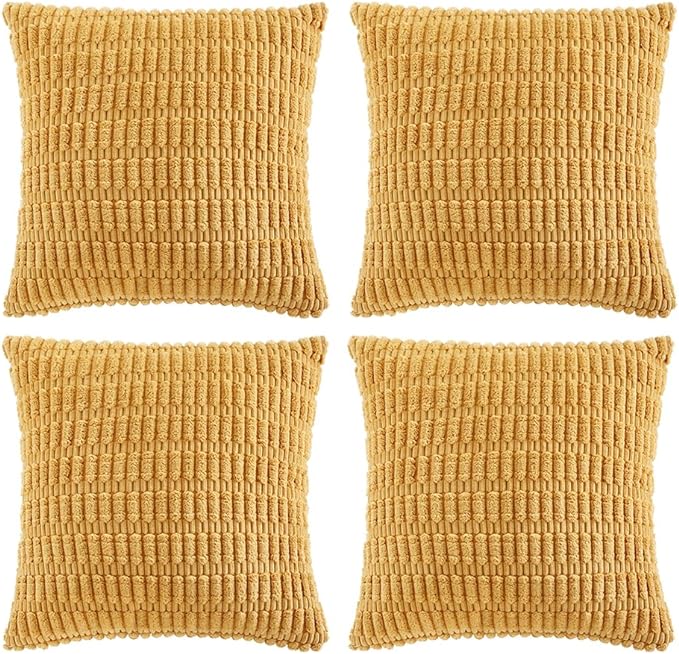 Fancy Homi 4 Packs Mustard Yellow Decorative Throw Pillow Covers 14x14 Inch for Couch Bed Sofa, Rustic Farmhouse Boho Home Decor, Soft Plush Striped Corduroy Square Cushion Case 35x35 cm