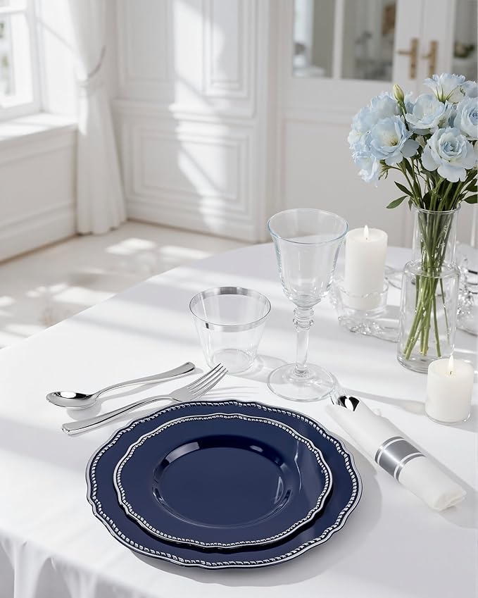 Hioasis 175pcs Blue Silver Plastic Plates - Silver Plastic Dinnerware Set Includes 25 Dinner Plates, 25 Dessert Dinnerware, 25 Cups, 25 Napkins Perfect for Wedding & Party