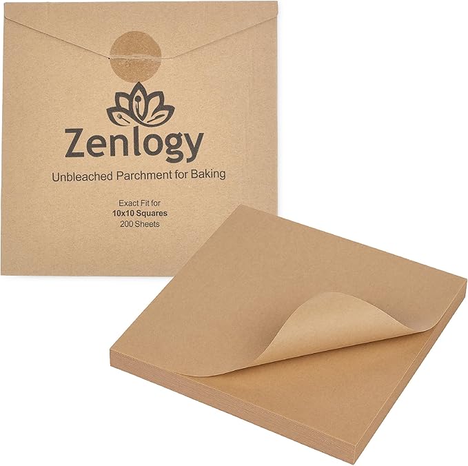 Zenlogy 10x10 Parchment Paper Squares (200 Sheets), Unbleached, High Heat, Non-stick, Pre-cut Baking Paper - Fits 10x10 Square Pans, Toaster Oven Trays, Air Fryer, Dehydrator - Baking and Roasting