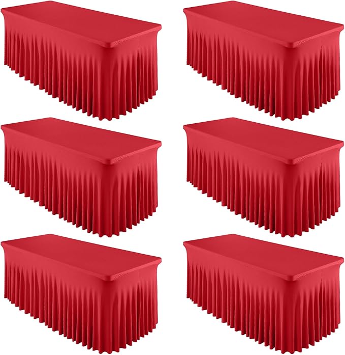 6 Packs Red Spandex Table Clothes for 8 Foot Rectangle Table, Spandex Table Covers 8FT Stretch Table Skirts Wrinkle Free Fitted Table Cloth for Valentines, Event, Wedding, Banquet & Parties