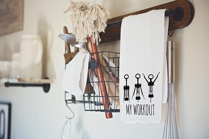 Handmade Funny Kitchen Towel Set - 100% Cotton Funny Hand Bar Towels for Wine Lovers - 28x28 Inch Perfect for Hostess Housewarming Christmas Mother’s Day Birthday Gift (Screw & My Workout)