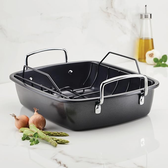 Circulon Ultra Lasting Nonstick Roaster/Roasting Pan with Easy Serve Rack, 17 Inch x 13 Inch, Black