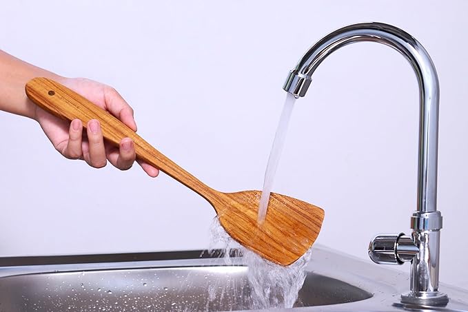 SarnThai Teak Wooden Wok Spatula – Handmade Thai Stir Fry Spatula, Long Handle Wooden Turner, Natural Eco-Friendly Cooking Utensil for Non-Stick Cookware