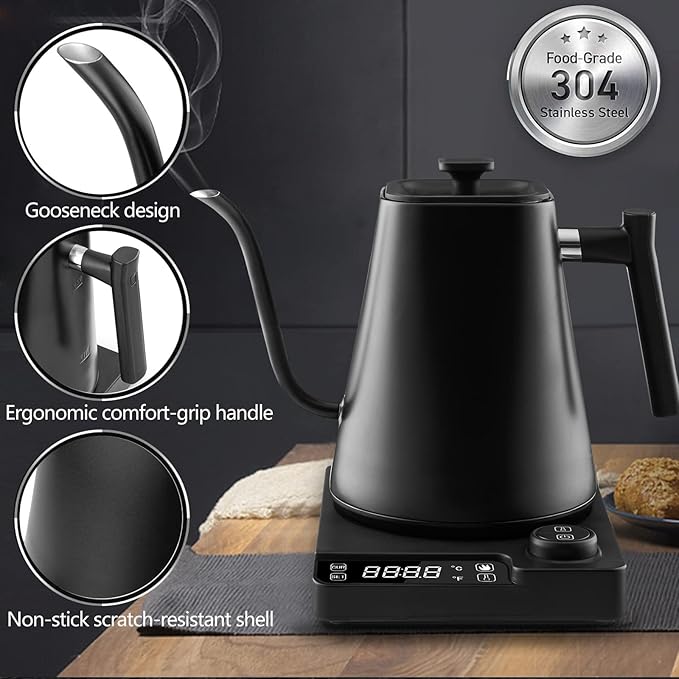 Electric Gooseneck Kettle, ±1℉ Temperature Control, for Pour Over Coffee and Tea, 304 Stainless Steel Inner, BPA-Free, Quick Heating Electric Kettles for Boiling Water, 1L Black