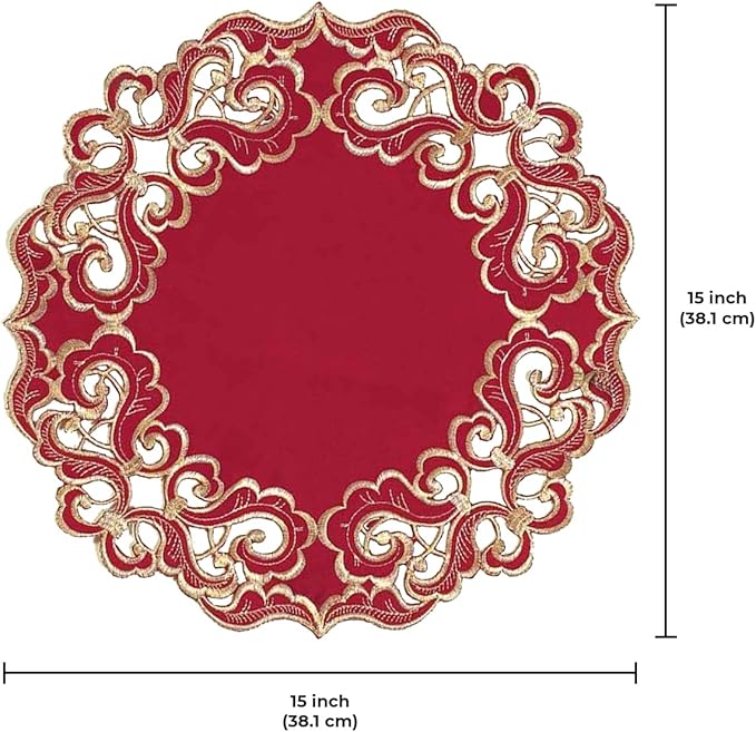 Decozen Set of 4 Doilies for Table, Lace Doilies Rustic Farmhouse Kitchen Dining Table Centerpiece Decor, 15 Inch Gold Burgundy Round Placemats for Home, Valentines Day Gifts, Valentines placemats