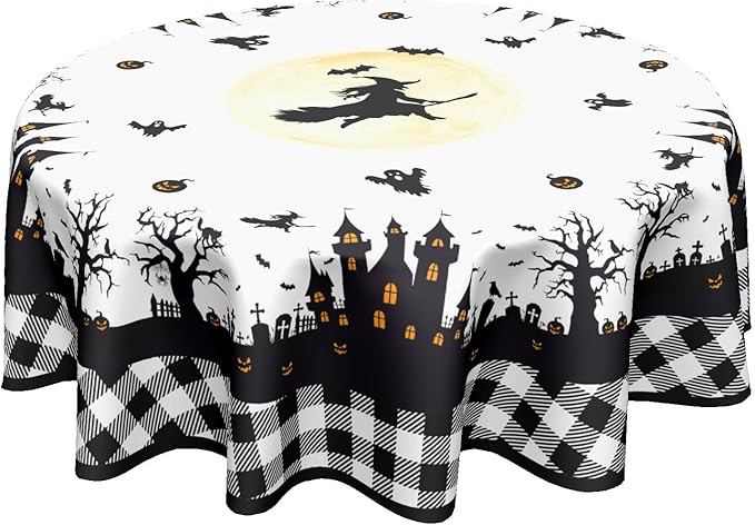 Halloween Tablecloth Round 60 Inch White and Black Castle Ghost Buffalo Plaid Table Cloth Rustic Holiday Table Cover for Kitchen Dinner Home Decor