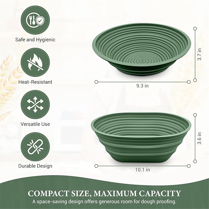 Premium Silicone Sourdough Banneton Bread Proofing Basket - Includes Oval & Round Foldable proofing Bowls (9.5 Inch) - Oven & Dishwasher Safe, Gifts for Artisan Bakers - Sage Green
