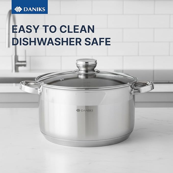 Daniks Standard 7 Quart Stainless Steel Stock Pot with Glass Lid, Try-Ply Bottom for Even Heating, Induction Compatible, Dishwasher Safe, Built-In Measuring Scale, Silver