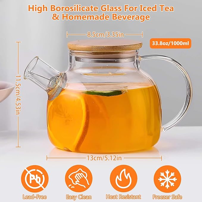 Glass Tea Pot Kettles Stovetop Safe, 33.8oz/1000ml Heatproof Borosilicate Glass Teapot Water Pitcher With Bamboo Lid and Removable Filter Spout for Loose Leaf and Blooming Tea