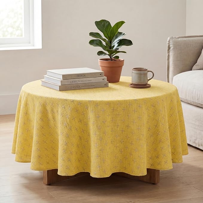 Horaldaily Yellow Round Table Cloth, Cross-Star Solid Textured Embroidery Tablecloth, Wrinkle Free Washable 60×60 Inch Table Cover for Kitchen, Party, Wedding, Picnic, Outdoor
