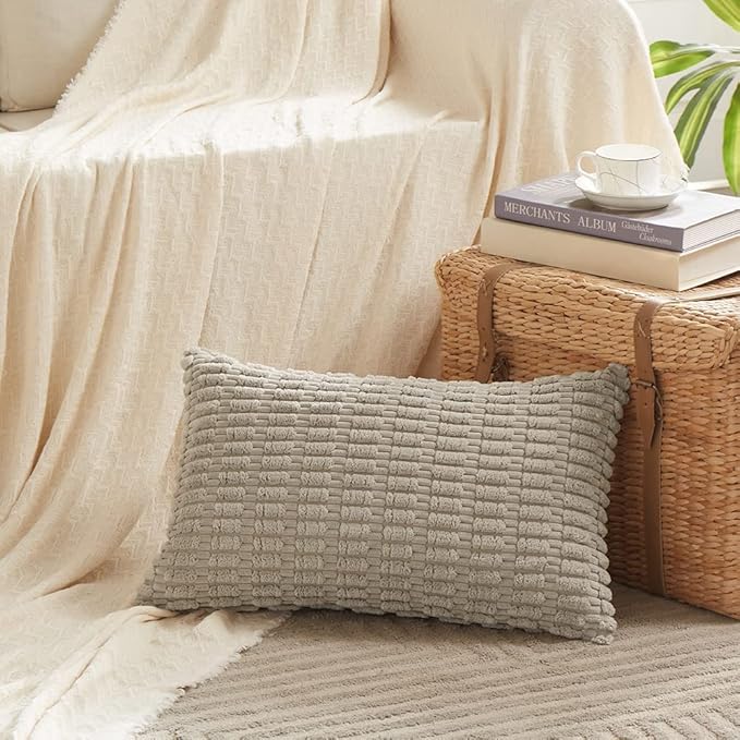 Fancy Homi 4 Packs Neutral Long Lumbar Decorative Throw Pillow Covers 14x24 Inch for Living Room Couch Bed, Boho Home Decor, Soft Striped Corduroy Rectangle Accent Grey Cushion Case 35x60 cm