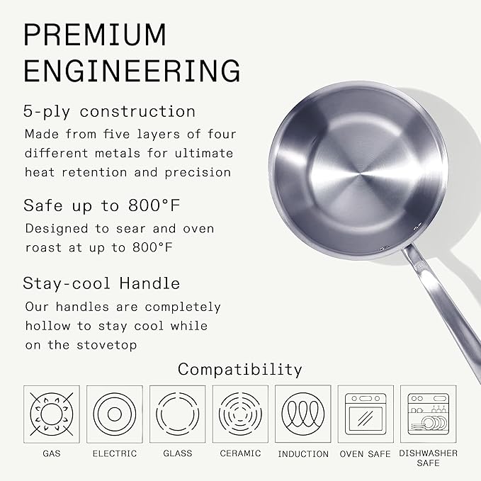 Made In Cookware - 2 Quart Stainless Steel Saucier Pan - 5 Ply Stainless Clad - Professional Cookware - Crafted in Italy - Induction Compatible