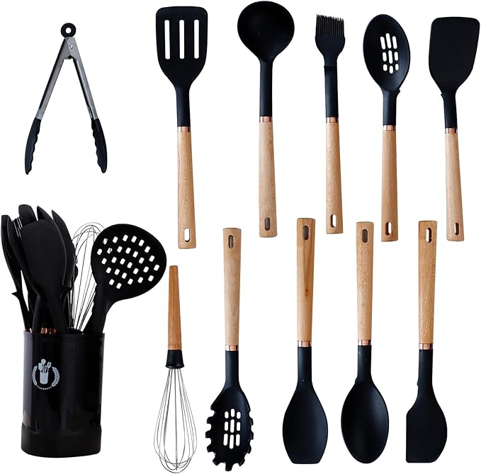 Silicone Cooking Utensils Set, Kitchen Utensils Set 13 Pcs for cooking, BPA Free Spatula Set with Heat Resistant Wood Handles for Nonstick Cookware (Black)