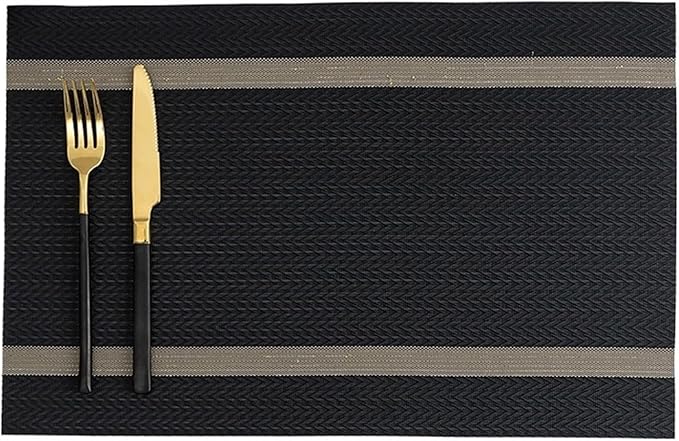 Placemats for Dining Table Set of 4/8 Woven Plastic Place Mats Non-Slip Heat Insulation Stain Table Mat(SHP Black,8 pcs 30x45cm)