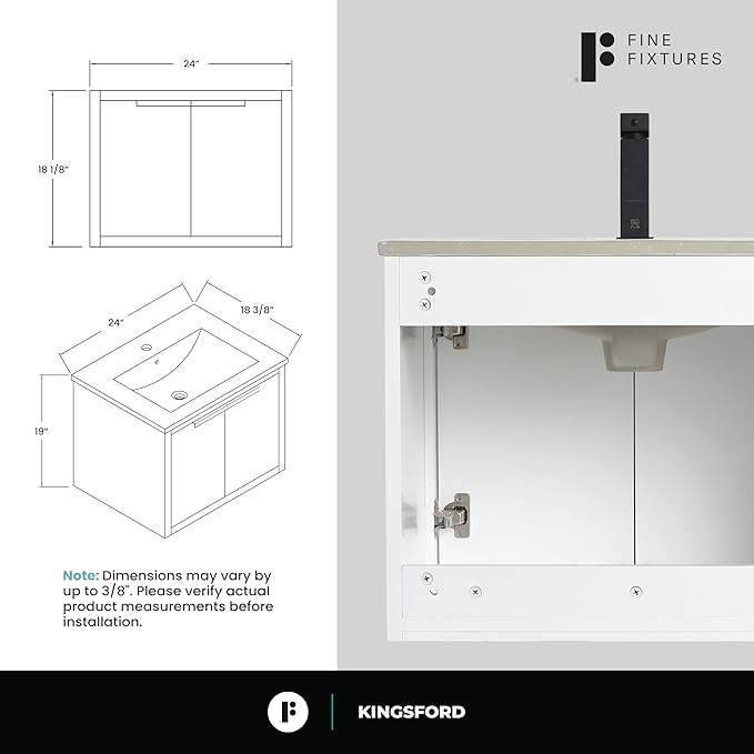 Fine Fixtures Kingsford Modern 24 Inch Bathroom Vanity with Sink, White Finish, Elegant Bathroom Vanities for Modern Homes, Stylish Storage Solutions for Bathrooms