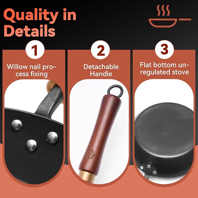 WANGYUANJI 10.2" Iron Skillet with Glass Lid & Spatula, Flat-Bottom Hand-Hammered Frying Pan, Uncoated & Unseasoned Small Iron Wok for Induction, Gas & Electric Stoves