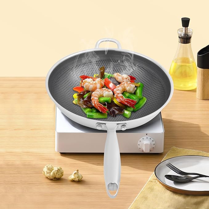 14 Inch Wok Pan with lid, Food-Grade Stainless Steel Woks & Stir-fry Pans Nonstick, Dishwasher and Oven Safe, Cooking Pan Compatible with Gas & Induction Cooker