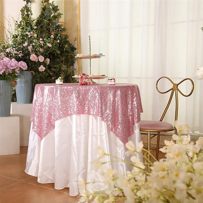 Eternal Beauty Fuchsia Pink Tablecloth, 50x50 Inch Sequin Square Table Cover for Valentines Cake Dessert Exhibition Party Birthday Events