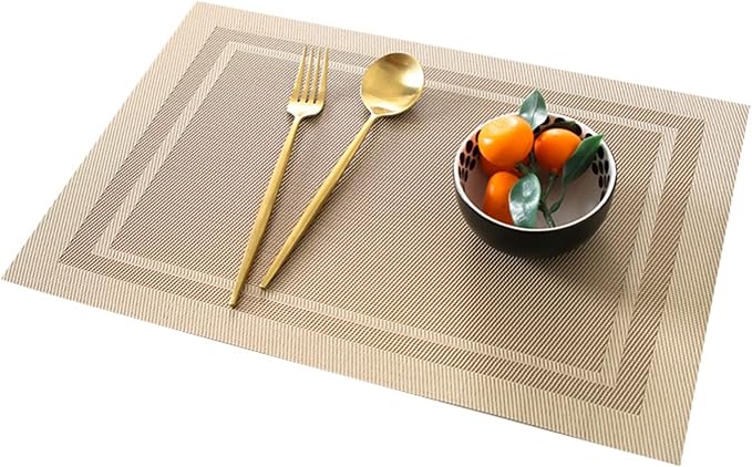 Woven PVC Placemats for Dining Table Set of 1/4/6 Heat Stain Slip Washable Kitchen Table Mats Classic(Hui Gold,1pcs 45x30cm)