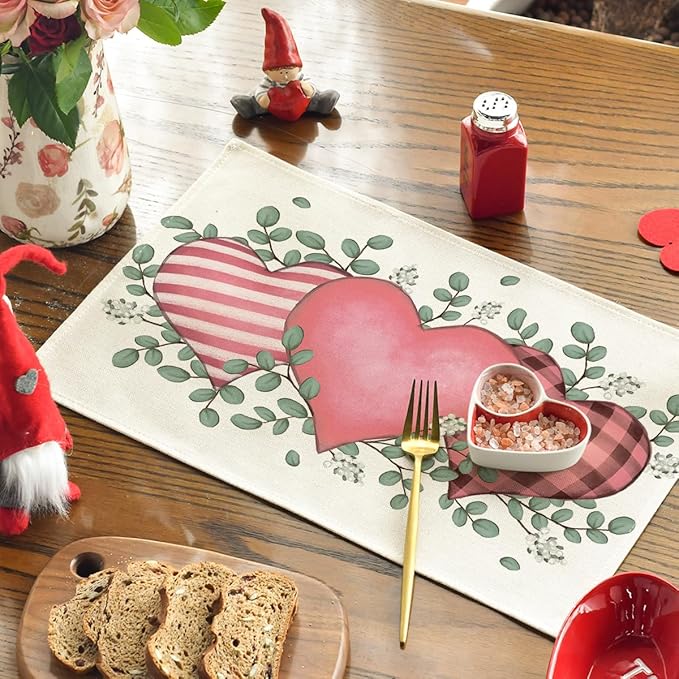 Artoid Mode Pink Hearts Love Eucalyptus Valentine Placemats Set of 4, 12x18 Inch Anniversary Table Mats for Party Kitchen Dining Decoration