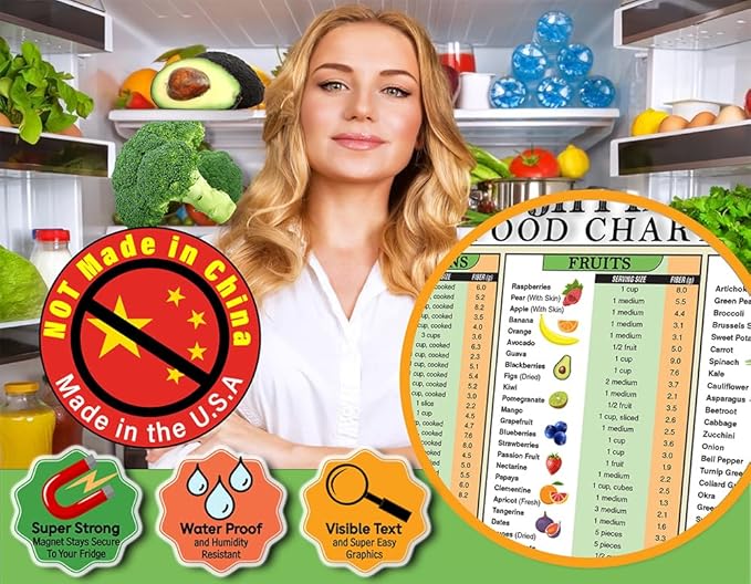 High Fiber Food Chart Fridge Magnet – 8.5x11 Dietary Fiber Guide with Fruits, Vegetables, Grains, and Cereals – Nutrition Magnet for Kitchen, Meal Planning, Clean Eating, and Gut Health