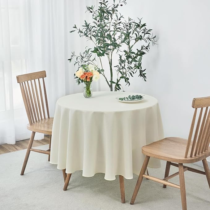 maxmill Round Weaved Texture Design Tablecloth Spill-Proof Wrinkle Free Soft Washable Table Cloth for Circular Table Cover, for Dining Room Buffet Banquet Parties Holiday Dinner, 90 Inch Ivory