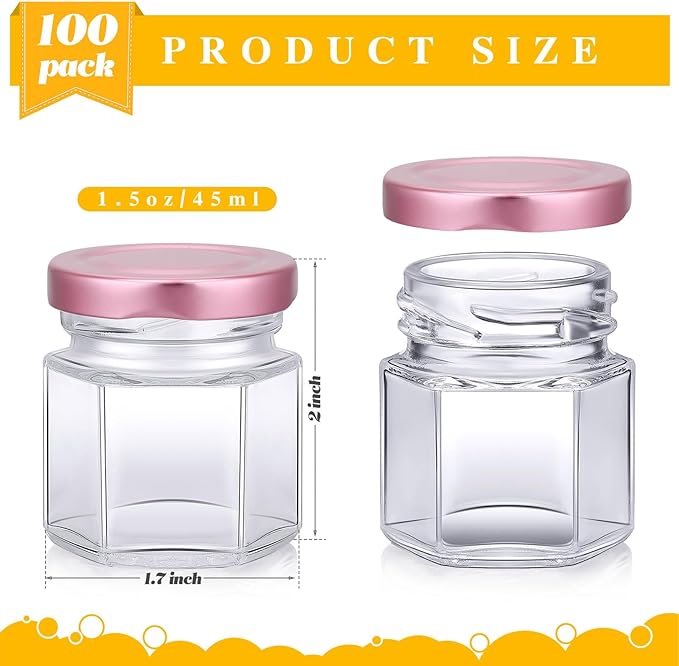 Nuogo 100 Pack 1.5oz Mini Hexagon Glass Jars Bulk for Wedding Small Honey Jars with Lids for Spice Canning Mason Gifts Candy Honey Wedding Party Favors DIY Crafts (Pink)