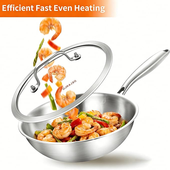 DELARLO Whole Body Tri-Ply Stainless Steel Pan 9.45 inch, Stainless Steel Woks & Stir-Fry Pans, Deep Kitchen Small Wok Pan with Lids, Induction Mini wok 9.45", Suitable for All Stove, Up to 650℉