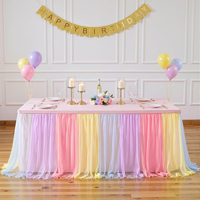 6 Pack 8ft Rainbow Tulle Tablecloths for Rectangle Tables, 8 Foot Rainbow Rectangular Table Cloth Wrinkle Free Tablecover with Tutu Skirt for Baby Shower Girls Birthday Party Banquet Buffet Cake